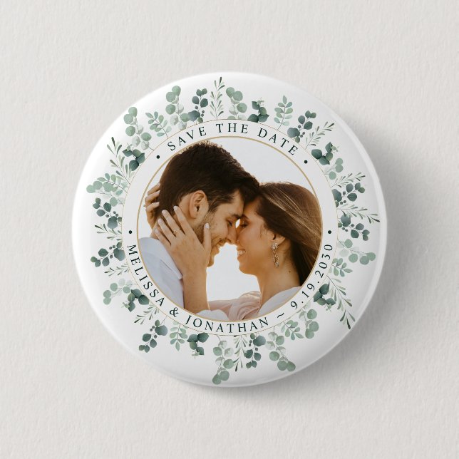 Macaron Rond 5 Cm Photo Personnalisée Mariage Eucalyptus Enregistrer (Devant)