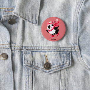 Macaron Rond 5 Cm Pingouin de Noël dans un Casquette et écharpe sur 