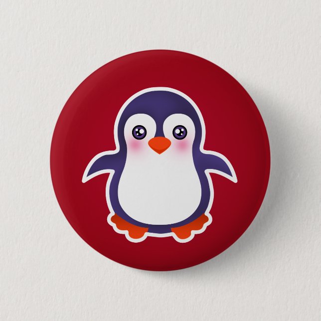 Macaron Rond 5 Cm Pingouin mignon sur l'illustration rouge d'arrière (Devant)