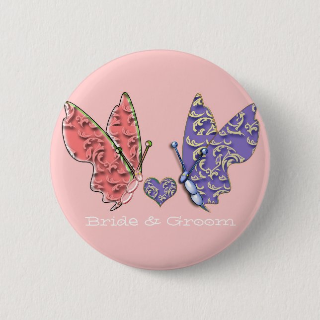Macaron Rond 5 Cm Pink & Blue Bride & Groom Butterflies si mignonne (Devant)