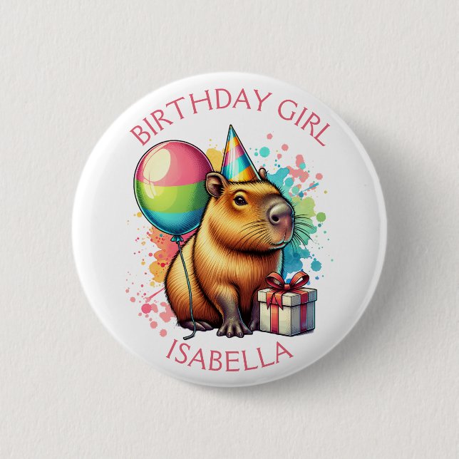 Macaron Rond 5 Cm  Pink Capybara Themed Birthday Girl Personalized (Devant)