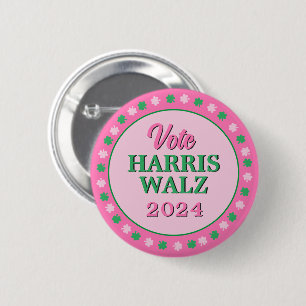 Macaron Rond 5 Cm Pink Green Clover 2024 Vote Harris Walz