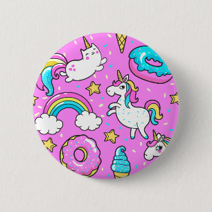 Macaron Rond 5 Cm Pink Kitschy glittery drôle de licorne et de chat