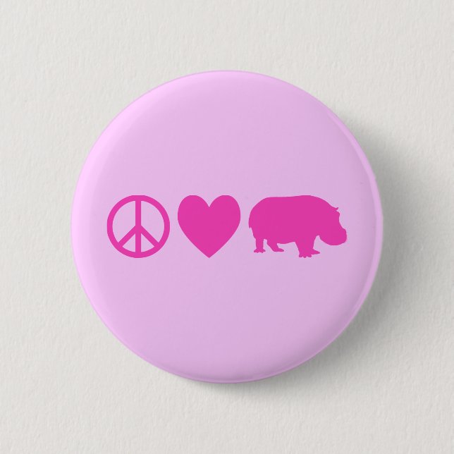 Macaron Rond 5 Cm Pink Peace Love et Hippopotames (Devant)