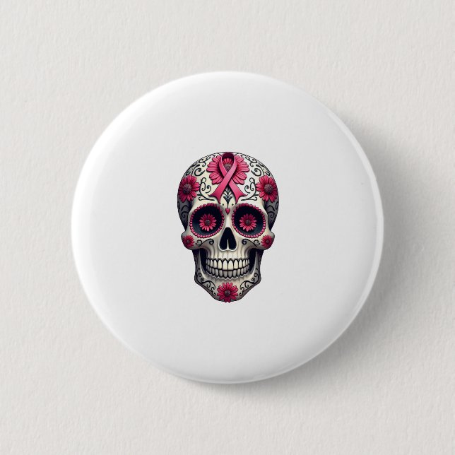Macaron Rond 5 Cm Pink Ribbon Sugar Skull Calavera Breast Cancer Awa (Devant)