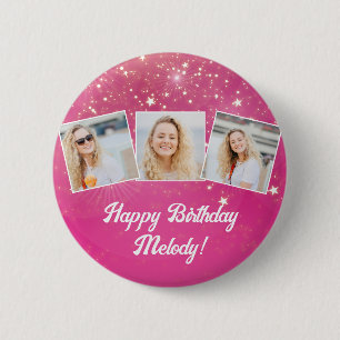 Macaron Rond 5 Cm Pink Sparkle Photo Collage Filles Anniversaire