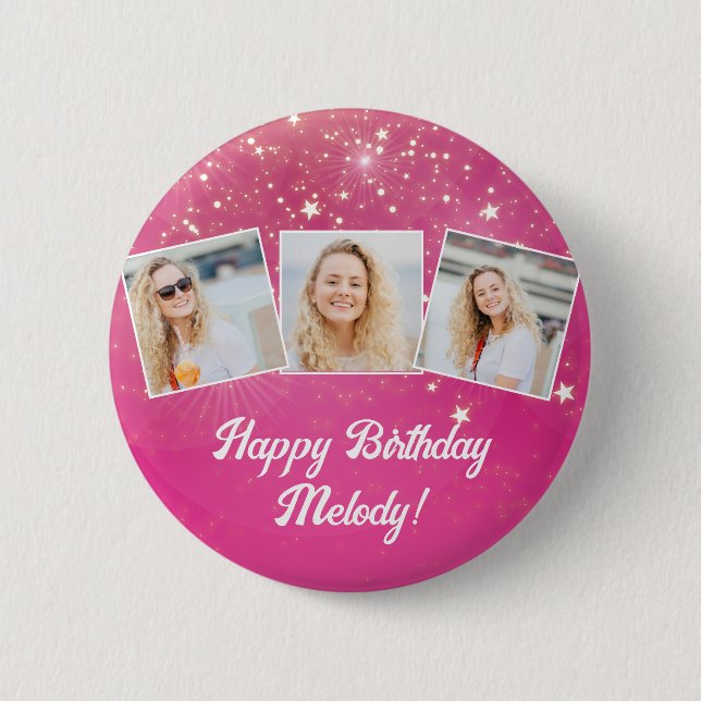 Macaron Rond 5 Cm Pink Sparkle Photo Collage Filles Anniversaire (Devant)
