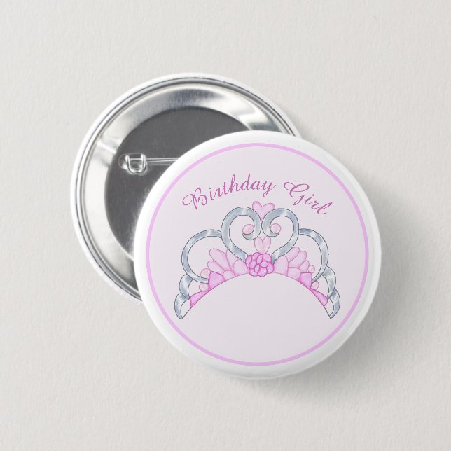 Macaron Rond 5 Cm Pink Tiara Anniversaire Girl Pin (Devant & derrière)