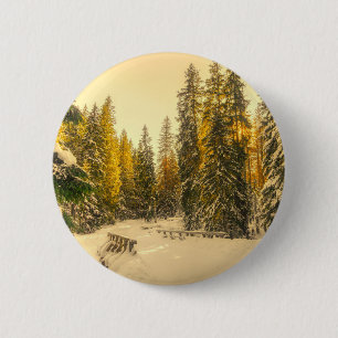 Macaron Rond 5 Cm Pins couverts de neige Forêt Nature Photo