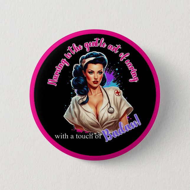 Macaron Rond 5 Cm Pinup_ Infirmière Badass (Devant)