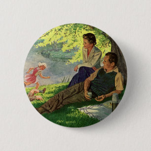 Macaron Rond 5 Cm Pique-nique vintage en famille sous un arbre d'omb
