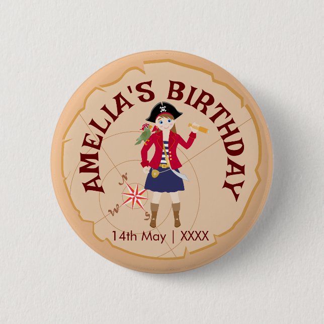 Macaron Rond 5 Cm Pirate Girl Treasure Map Amusant Anniversaire Fête (Devant)