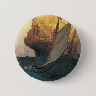 Macaron Rond 5 Cm Pirate Vintage, Attaque d'un galion par Howard Pyl