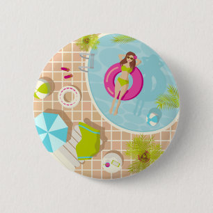 Macaron Rond 5 Cm Piscine fille en bikini plage d'été