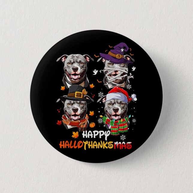 Macaron Rond 5 Cm Pitbull Chien Hallothanksmas Halloween Thanksgivin (Devant)