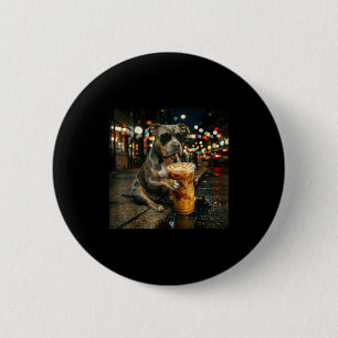 Macaron Rond 5 Cm Pitbull drôle buvant du café glacé art de chien 