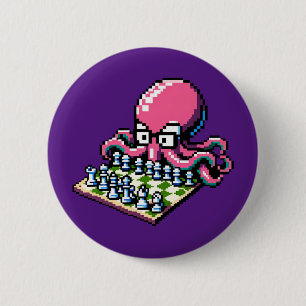 Macaron Rond 5 Cm Pixel Octopus Échecs Retro Stratégie Jeu Art