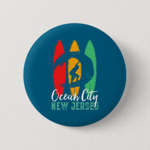 Macaron Rond 5 Cm Plage d'Ocean City New Jersey Vintage Rétro Surf