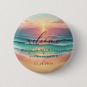 Macaron Rond 5 Cm Plage océanique rose Signature Boho Bienvenue au c