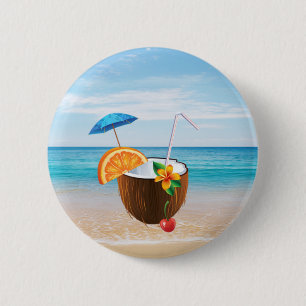 Macaron Rond 5 Cm Plage tropicale, Ciel Bleu, Sable Océan, Cocktail 