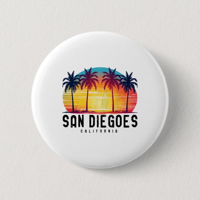 Macaron Rond 5 Cm Plages Retro San Diego Californie Surf Surfboa (Devant)
