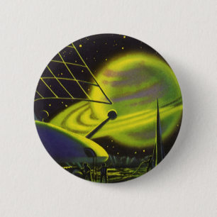 Macaron Rond 5 Cm Planète verte néon vintage science-fiction avec an