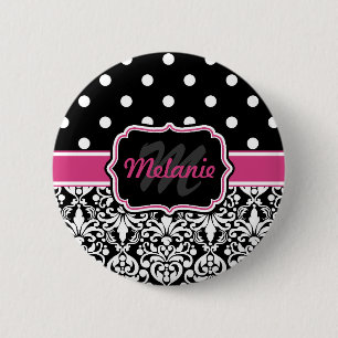 Macaron Rond 5 Cm Point de Polka noir rose chaud
