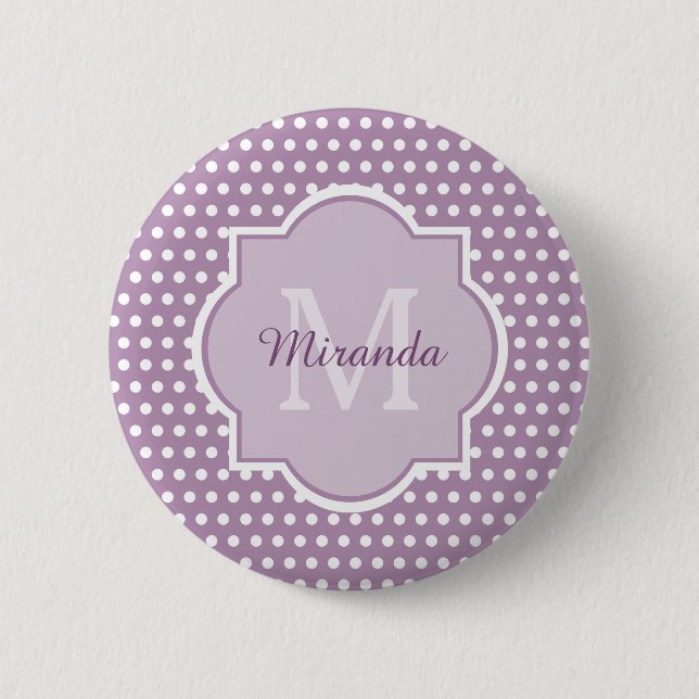 Macaron Rond 5 Cm Pois pourpre monogramme et nom de lavande Girly (Devant)