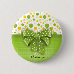 Macaron Rond 5 Cm Pois verts et jaunes, ruban vert du printemps