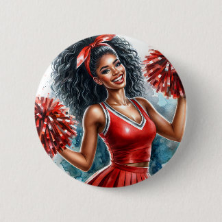 Macaron Rond 5 Cm Pom-pom girl Afro-Américain En Aquarelle Rouge