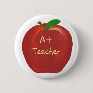 Macaron Rond 5 Cm Pomme rouge, A+ Pince enseignant sur les boutons