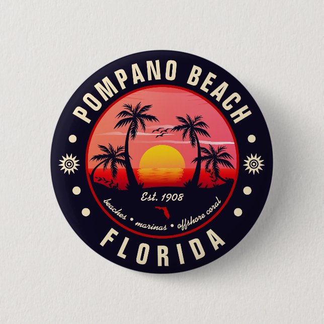 Macaron Rond 5 Cm Pompano Beach Floride Retro Sunset Souvenir (Devant)