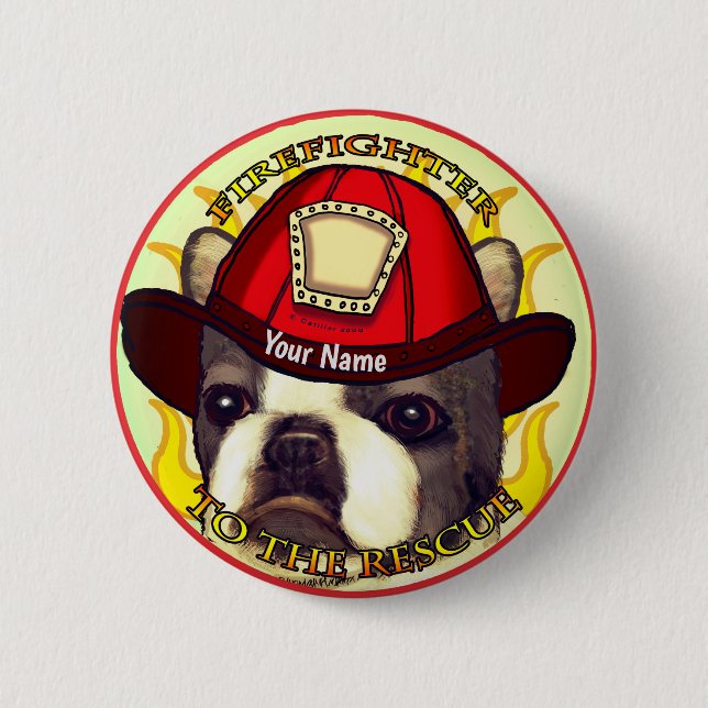 Macaron Rond 5 Cm Pompier Boston Terrier (Devant)