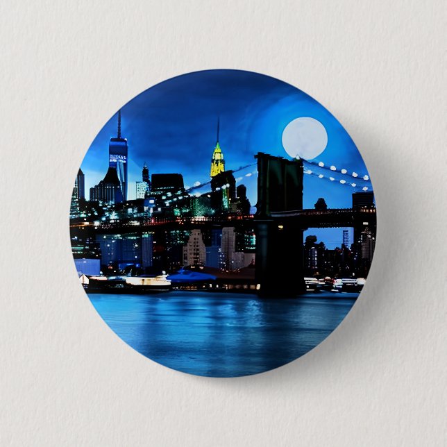 Macaron Rond 5 Cm Pont Brooklyn sous une Pleine lune (Devant)