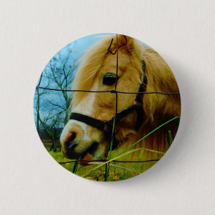 Macaron Rond 5 Cm Pony miniature blond / Cheval Ciel bleu