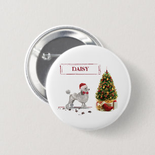 Macaron Rond 5 Cm Poodle gris drôle Chien de Noël avec arbre
