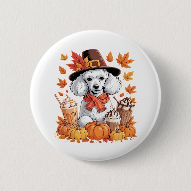 Macaron Rond 5 Cm Poodle Thanksgiving Boissons Café Automne Feuilles (Devant)