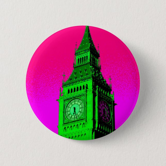 Macaron Rond 5 Cm Pop Art Big Ben Londres Voyage rose Vert (Devant)