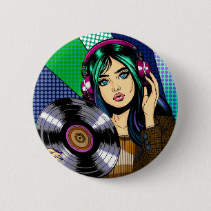 Macaron Rond 5 Cm Pop Art Girl with Record
