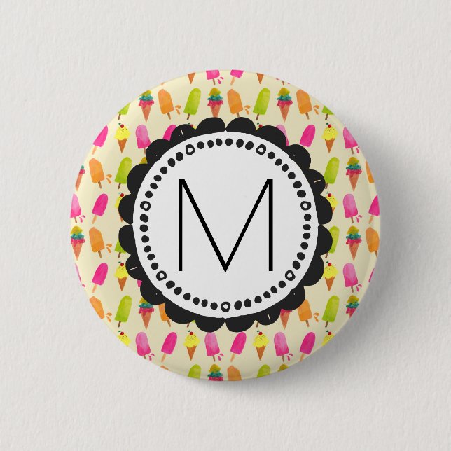 Macaron Rond 5 Cm Popsicles et crème glacée Monogramme personnalisé (Devant)