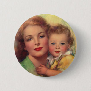 Macaron Rond 5 Cm Portrait de famille vintage de mère et d'enfant