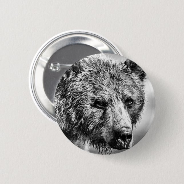 Macaron Rond 5 Cm Portrait d'ours grizzli (Devant & derrière)