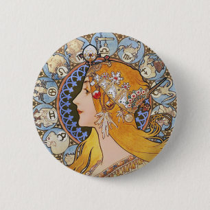 Macaron Rond 5 Cm Poster Mucha Art Nouveau - Zodiac - La Plume