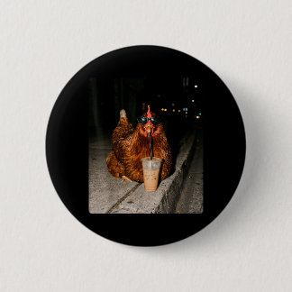 Macaron Rond 5 Cm Poulet Buvant du Café Glacé Amateur de Poulet Drôl