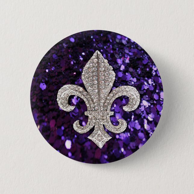 Macaron Rond 5 Cm Pourpre de Fleur De Lis Sequins de bijou (Devant)
