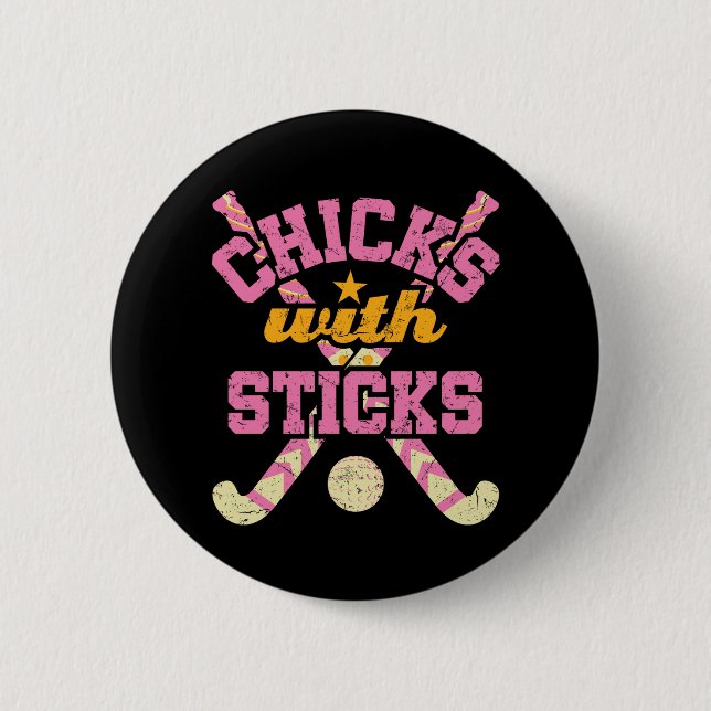Macaron Rond 5 Cm Poussins avec bâtons Field Hockey Femmes (Devant)
