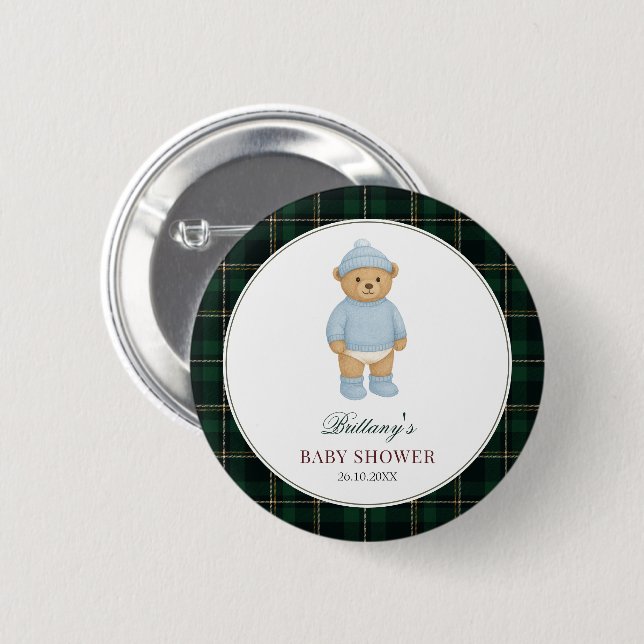 Macaron Rond 5 Cm Preppy Bear Baby Shower Button (Devant & derrière)