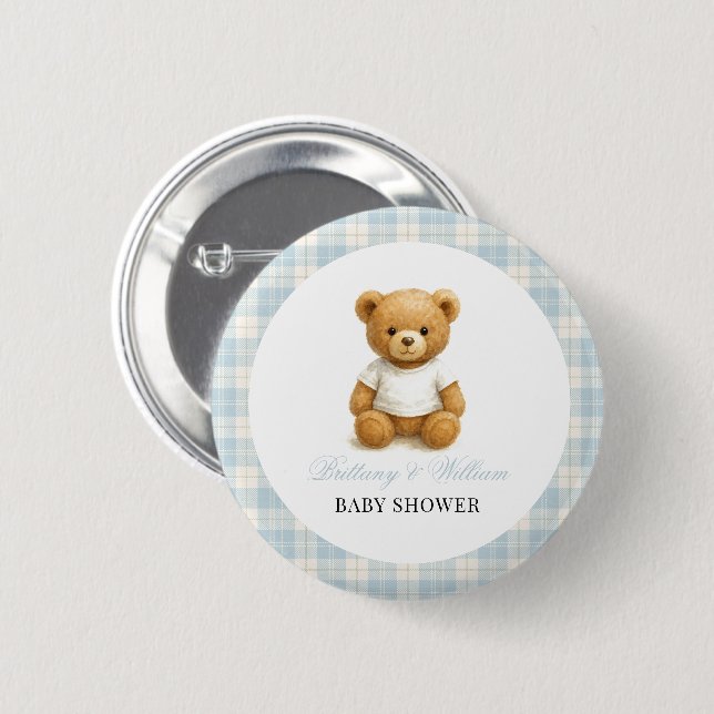 Macaron Rond 5 Cm Preppy Bear Designer Blue Plaid Baby shower (Devant & derrière)