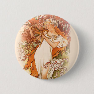 Macaron Rond 5 Cm Printemps - Alphonse Mucha Art Nouveau