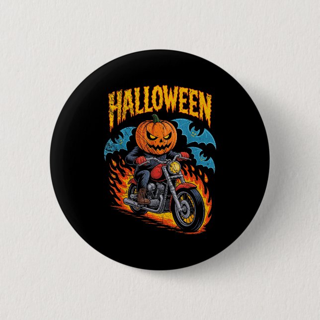 Macaron Rond 5 Cm Pumpkin Biker Riding A Motorcycle Halloween Costum (Devant)